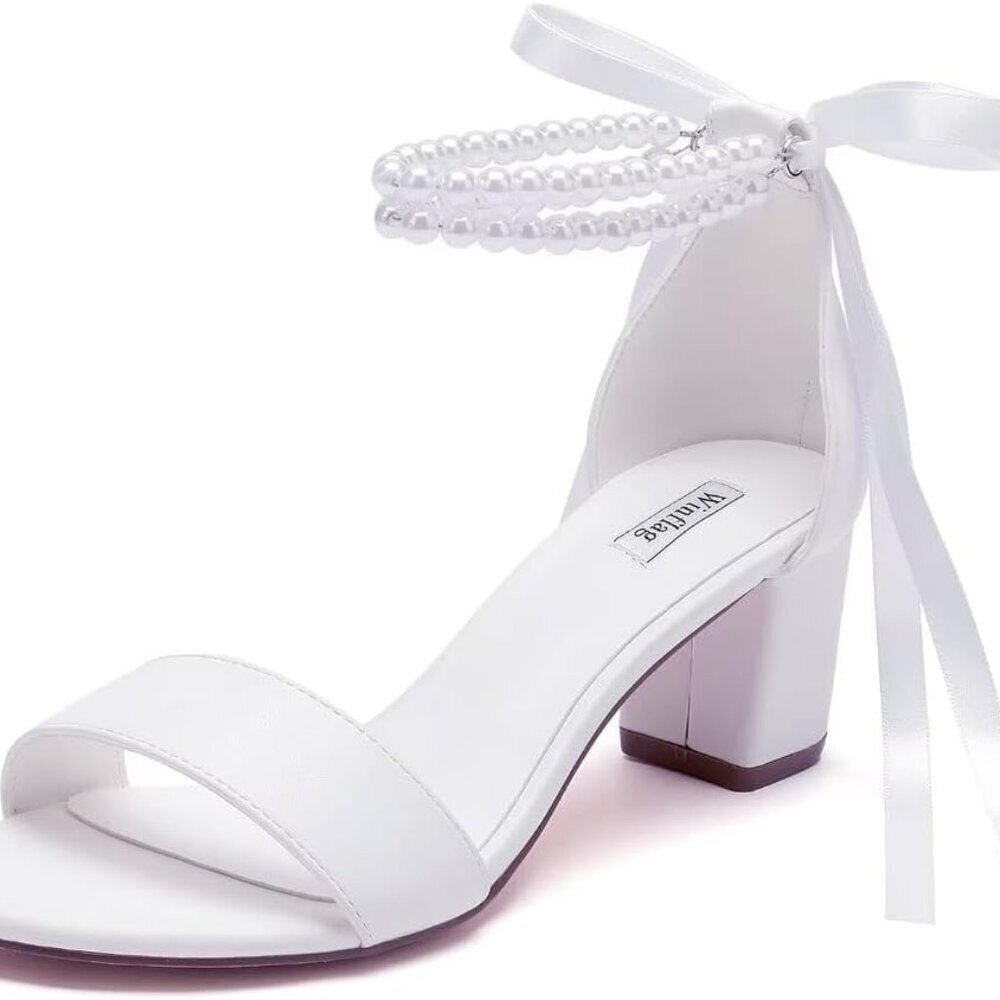 Pearl Wedding Shoes Open Toe Block Heel Bridal Sandals Chunky Heel